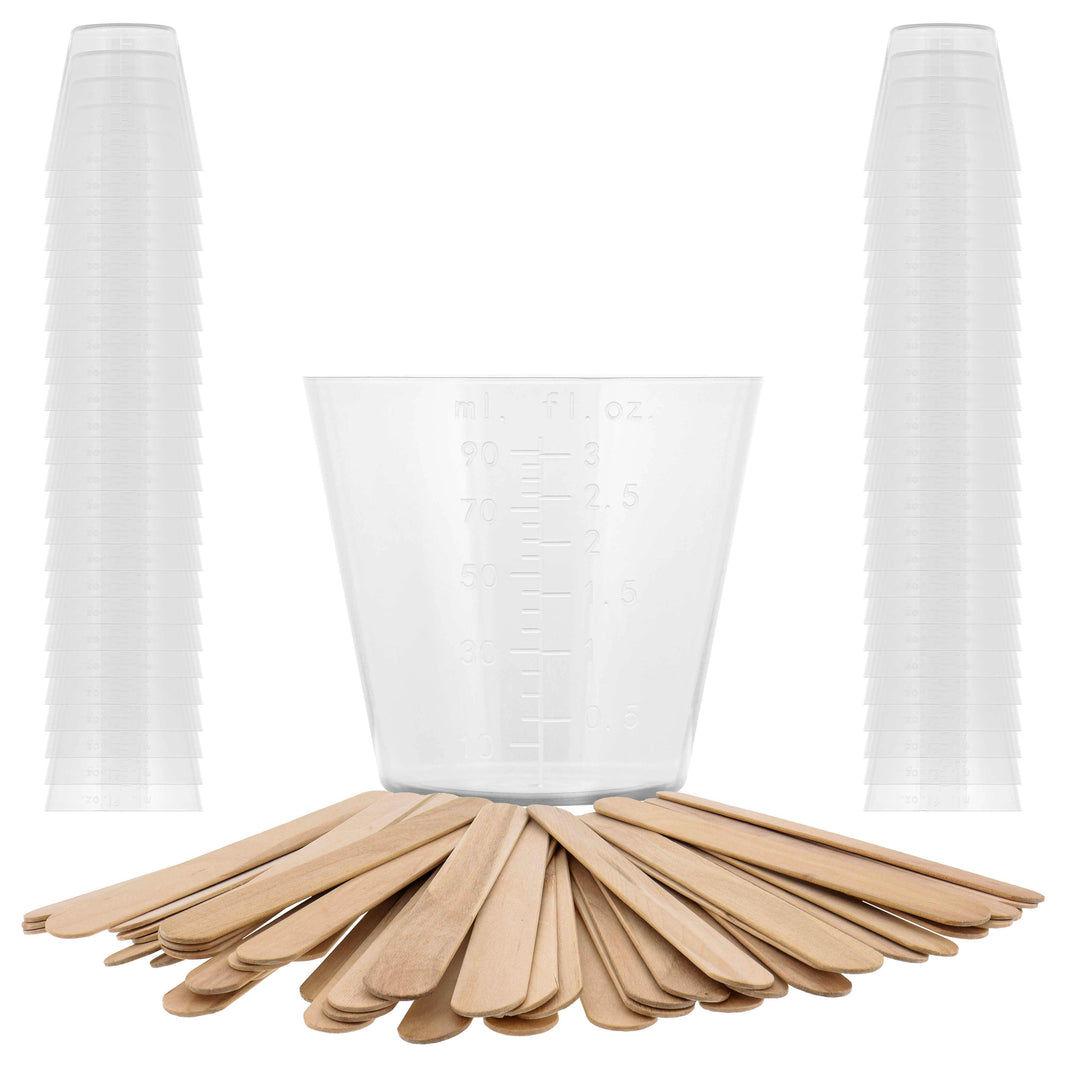 3 Oz (90 ml) Liquid Measuring Cups - Plastic Graduated Cup (50 Pack) with 25 Sticks - Reusable Mixing Cups for Paint, Craft, Kitchen, Lab, Medical Supplies, Epoxy Resin, Art