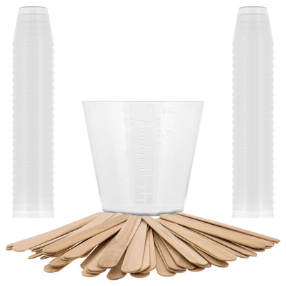 3 Oz (90 ml) Liquid Measuring Cups - Plastic Graduated Cup (50 Pack) with 25 Sticks - Reusable Mixing Cups for Paint, Craft, Kitchen, Lab, Medical Supplies, Epoxy Resin, Art