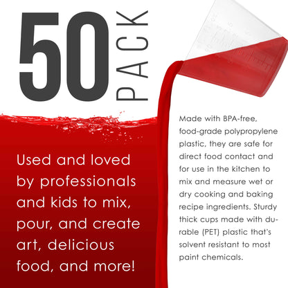 3 Oz (90 ml) Liquid Measuring Cups - Plastic Graduated Cup (50 Pack) with 25 Sticks - Reusable Mixing Cups for Paint, Craft, Kitchen, Lab, Medical Supplies, Epoxy Resin, Art