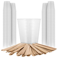 5 Oz (150 ml) Liquid Measuring Cups - Plastic Graduated Cup (100 Pack) with 25 Sticks - Reusable Mixing Cups for Paint, Craft, Kitchen, Lab, Medical Supplies, Epoxy Resin, Art