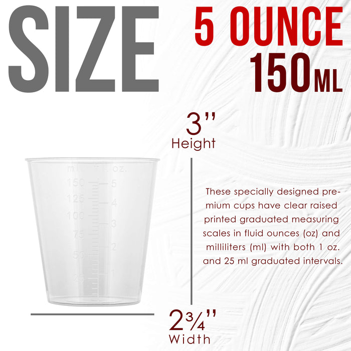 Pouring Masters 5 Ounce (150ml) Graduated Plastic Measuring Cups (100 Clear Cups & 25 Mixing Sticks) - OZ, ML Measurements, Acrylic Paint, Resin Epoxy