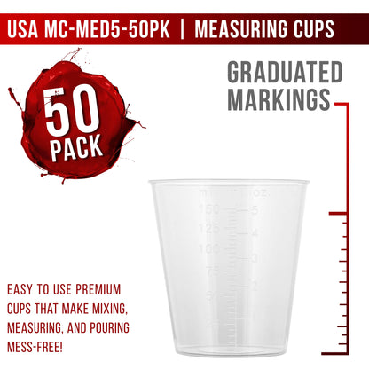 5 Oz (150 ml) Liquid Measuring Cups - Plastic Graduated Cup (50 Pack) with 25 Sticks - Reusable Mixing Cups for Paint, Craft, Kitchen, Lab, Medical Supplies, Epoxy Resin, Art
