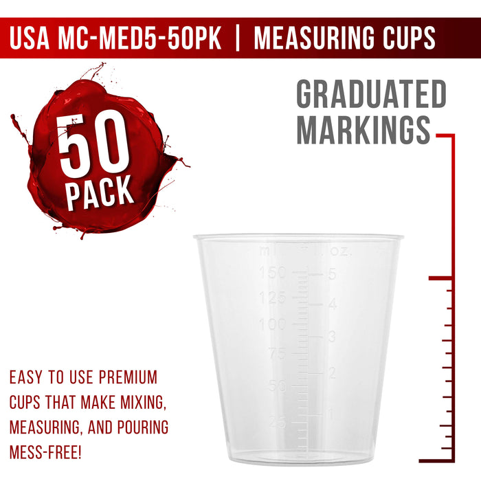 Pouring Masters 5 Ounce (150ml) Graduated Plastic Measuring Cups (50 Clear Cups & 25 Mixing Sticks) - OZ, ML Measurements, Acrylic Paint, Resin, Epoxy