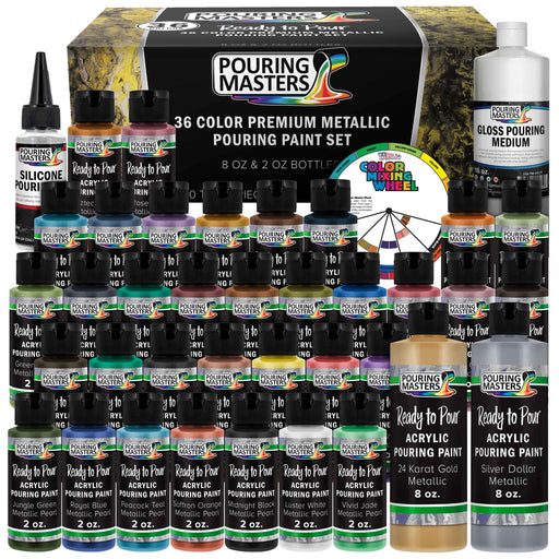 36-Color Metallic Ready to Pour Acrylic Pouring Paint Set with Silicone Oil & Gloss Medium - Premium Pre-Mixed High Flow 2-Ounce & 8-Ounce Bottles