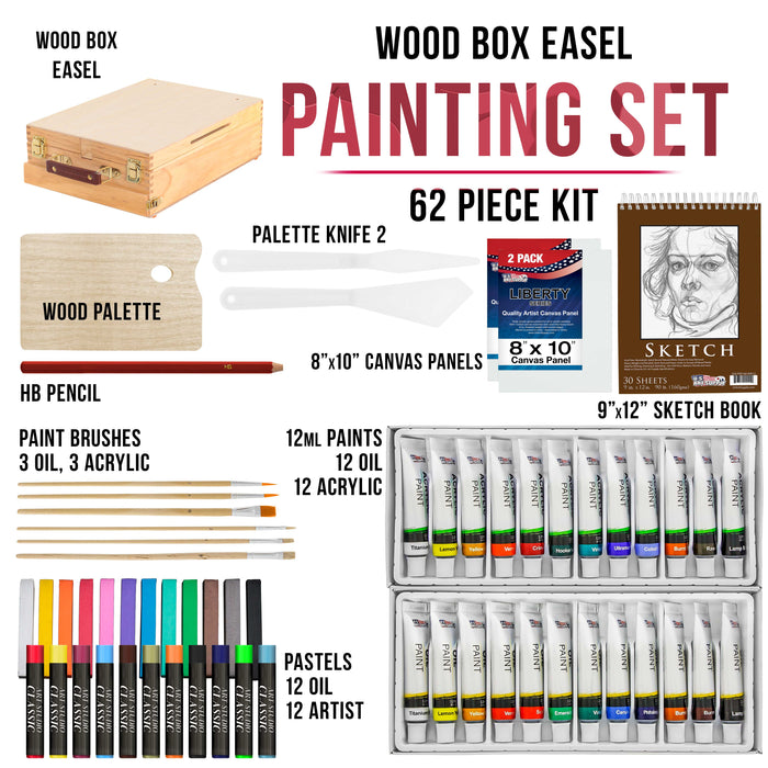 62pc Artist Painting Set Wood Box Easel 12 Acrylic 12 Oil Paint Colors —  TCP Global