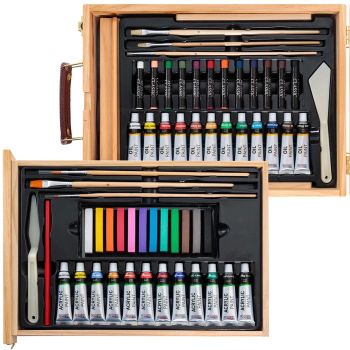 62pc Artist Painting Set Wood Box Easel 12 Acrylic 12 Oil Paint