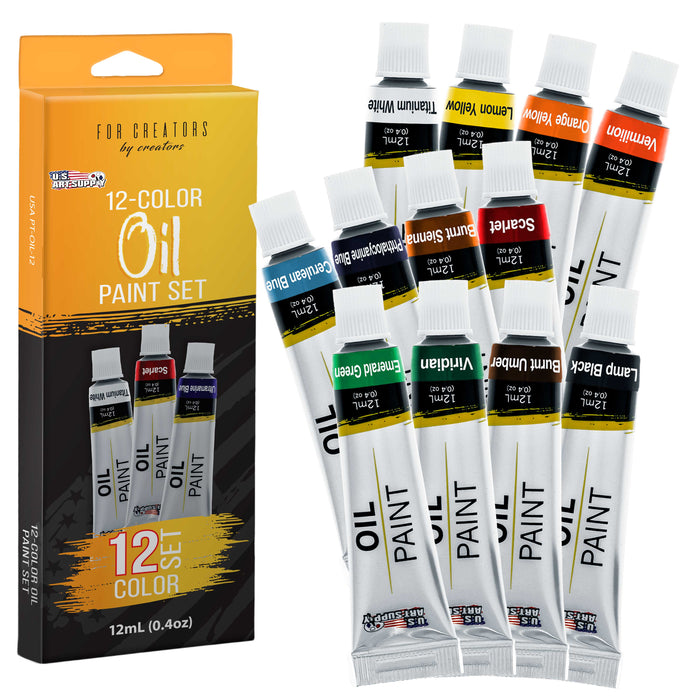 Professional 12 Color Set of Art Oil Paint in 12ml Tubes - Rich Vivid Colors for Artists, Students, Beginners - Canvas Portrait Paintings
