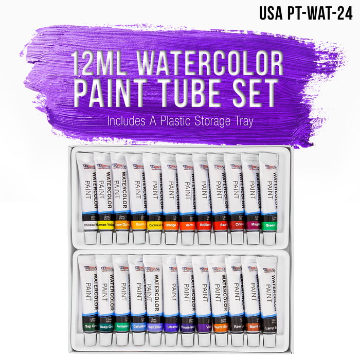 Professional 24 Color Set of Watercolor Paint in 12ml Tubes - Vivid Colors Kit for Artists, Students, Beginners - Bonus Color Mixing Wheel