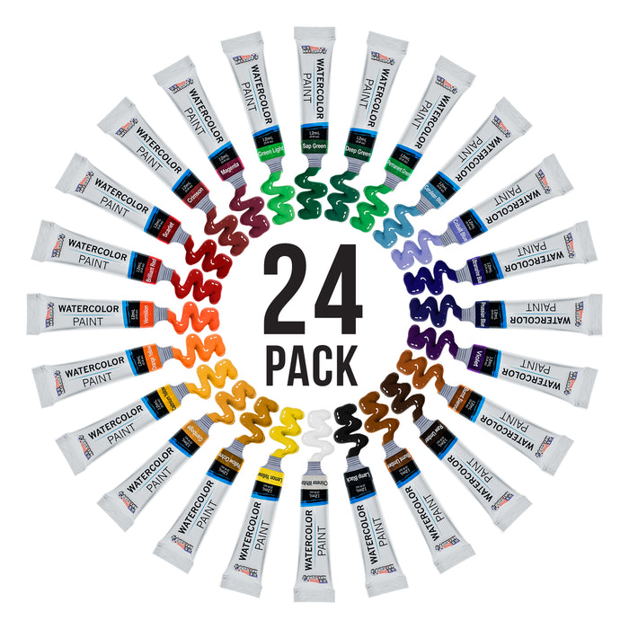 Professional 24 Color Set of Watercolor Paint in 12ml Tubes - Vivid Colors Kit for Artists, Students, Beginners - Bonus Color Mixing Wheel