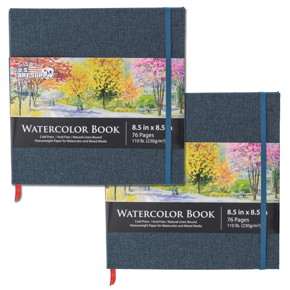 U.S. Art Supply 8.5" x 8.5" Watercolor Book, 2 Pack, 76 Sheets, 110 lb - Linen-Bound Hardcover Paper Pads, Acid-Free, Cold-Pressed Painting Sketchbook