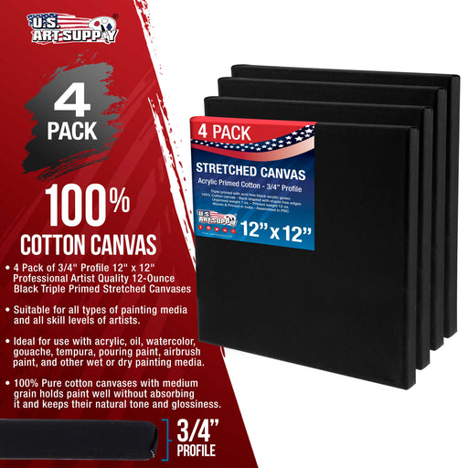12 x 12 inch Black Stretched Canvas 12-Ounce Primed, 4-Pack - Professional Artist Quality 3/4" Profile, 100% Cotton, Heavy-Weight, Gesso