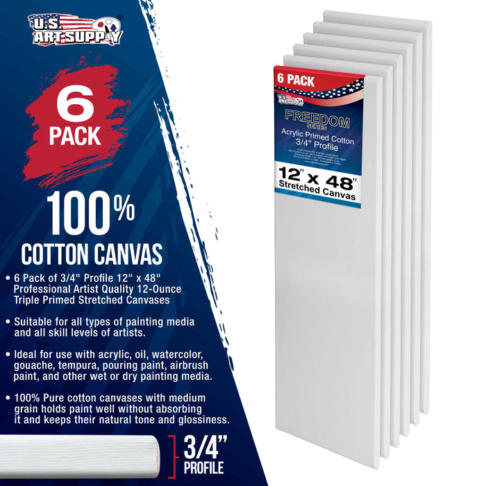 12 x 48 inch Stretched Canvas 12-Ounce Triple Primed, 6-Pack - Professional Artist Quality White Blank 3/4" Profile, 100% Cotton, Heavy-Weight Gesso