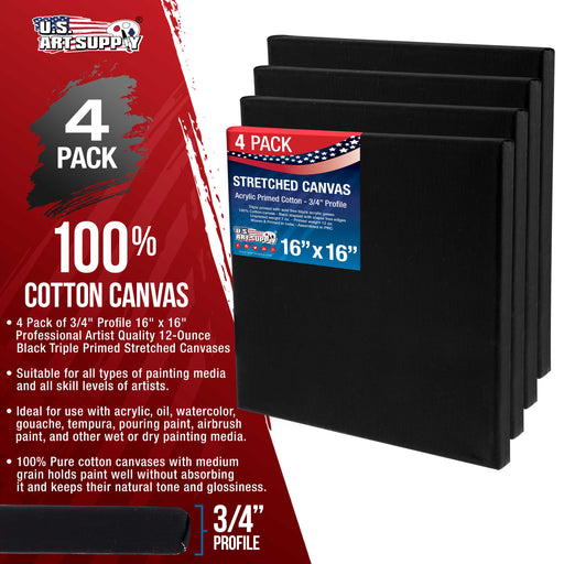 16 x 16 inch Black Stretched Canvas 12-Ounce Primed, 4-Pack - Professional Artist Quality 3/4" Profile, 100% Cotton, Heavy-Weight, Gesso