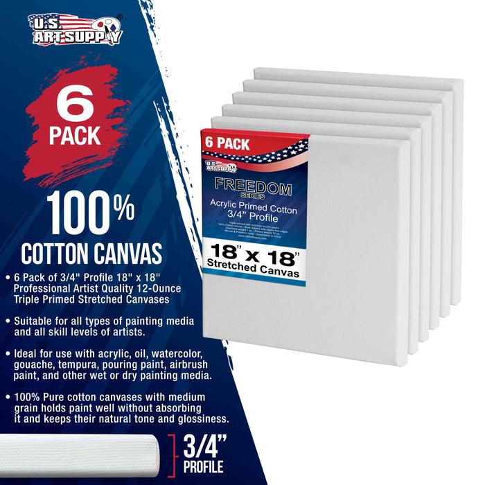 18 x 18 inch Stretched Canvas 12-Ounce Triple Primed, 6-Pack - Professional Artist Quality White Blank 3/4" Profile, 100% Cotton, Heavy-Weight Gesso