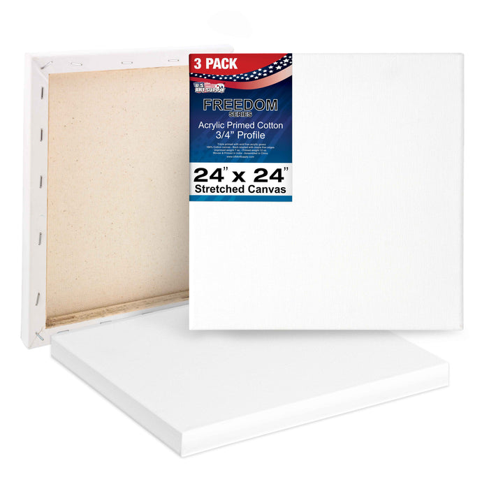 24 x 24 inch Stretched Canvas 12-Ounce Triple Primed, 3-Pack - Professional Artist Quality White Blank 3/4" Profile, 100% Cotton, Heavy-Weight Gesso
