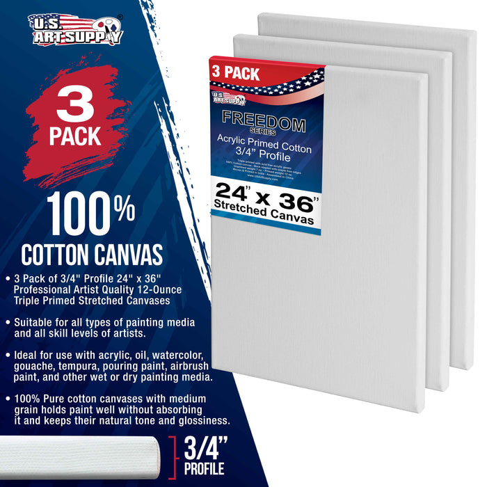 24 x 36 inch Stretched Canvas 12-Ounce Triple Primed, 3-Pack - Professional Artist Quality White Blank 3/4" Profile, 100% Cotton, Heavy-Weight Gesso