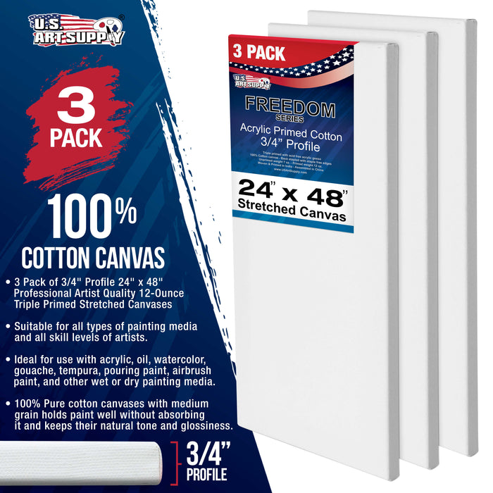 24 x 48 inch Stretched Canvas 12-Ounce Triple Primed, 3-Pack - Professional Artist Quality White Blank 3/4" Profile, 100% Cotton, Heavy-Weight Gesso