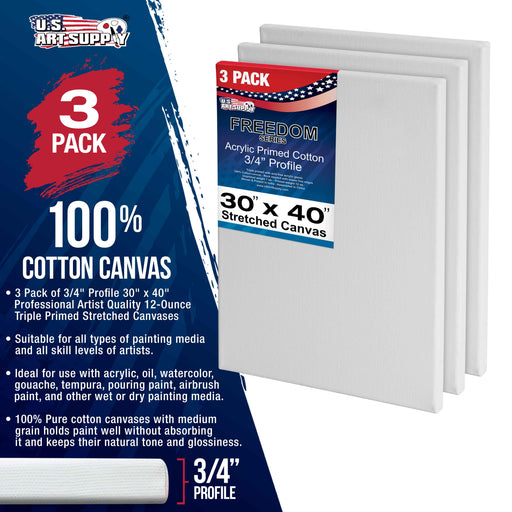 30 x 40 inch Stretched Canvas 12-Ounce Triple Primed, 3-Pack - Professional Artist Quality White Blank 3/4" Profile, 100% Cotton, Heavy-Weight Gesso