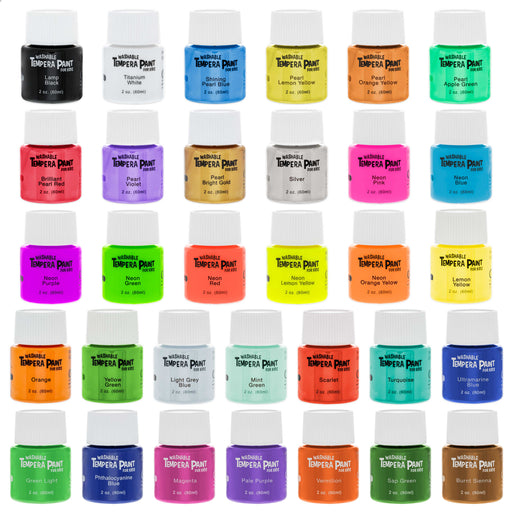 32 Color Children's Washable Tempera Paint Set - 2 Ounce Wide Mouth Bottles for Arts, Crafts and Posters