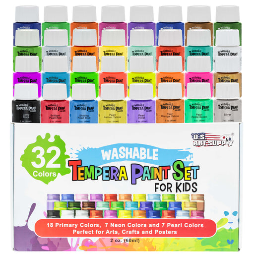 32 Color Children's Washable Tempera Paint Set - 2 Ounce Wide Mouth Bottles for Arts, Crafts and Posters