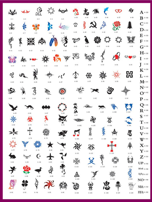 Temporary Tattoo Stencils Booklet Set 4 with 160 Different Self-Adhesive Reusable Stencil Designs
